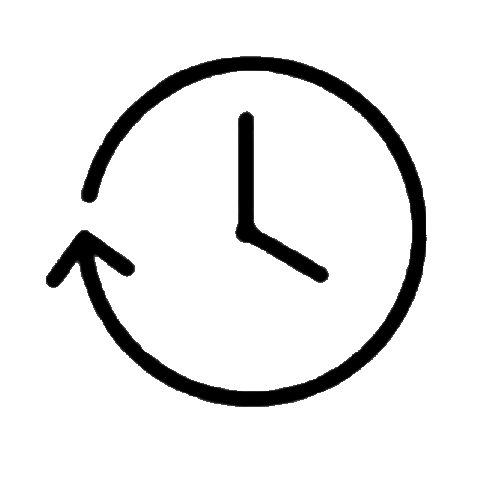 Schwarzes Icon einer Uhr mit Pfeil nach links, steht für Verlauf, Wiederholung oder Rückgängig-Funktion.